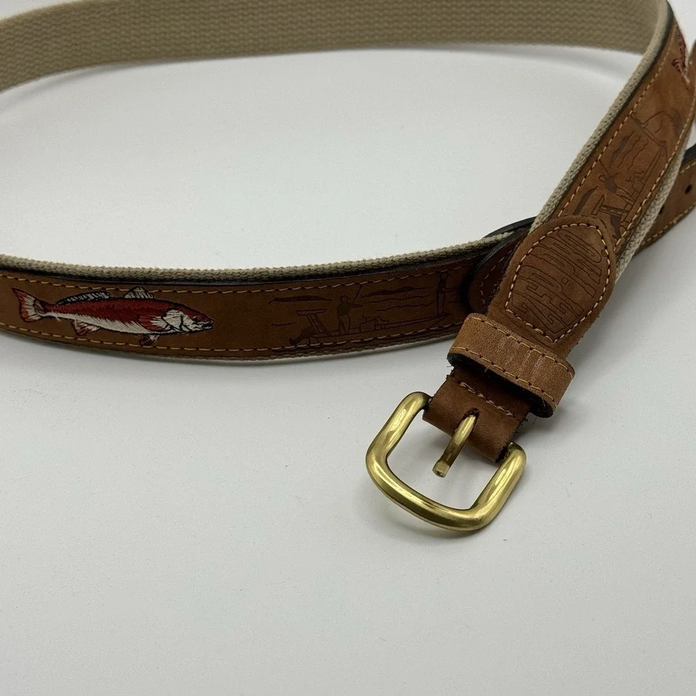 Zep-Pro Redfish Embroidered Leather Canvas Belt Size 40 USA Solid Brass